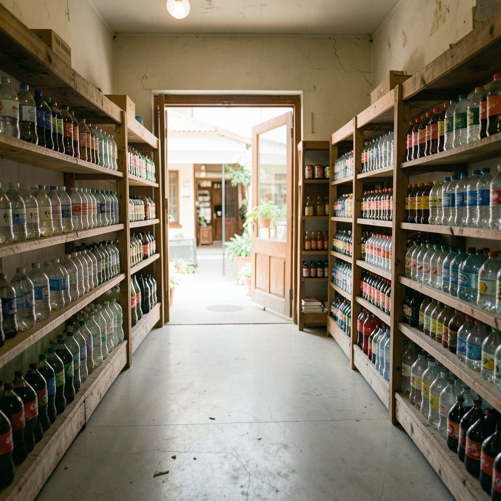 Traditional grocery shelves stocked with bottled drinks in Vietnam