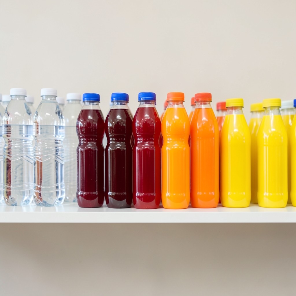 Assorted packaged soft drinks and bottled water on a market shelf