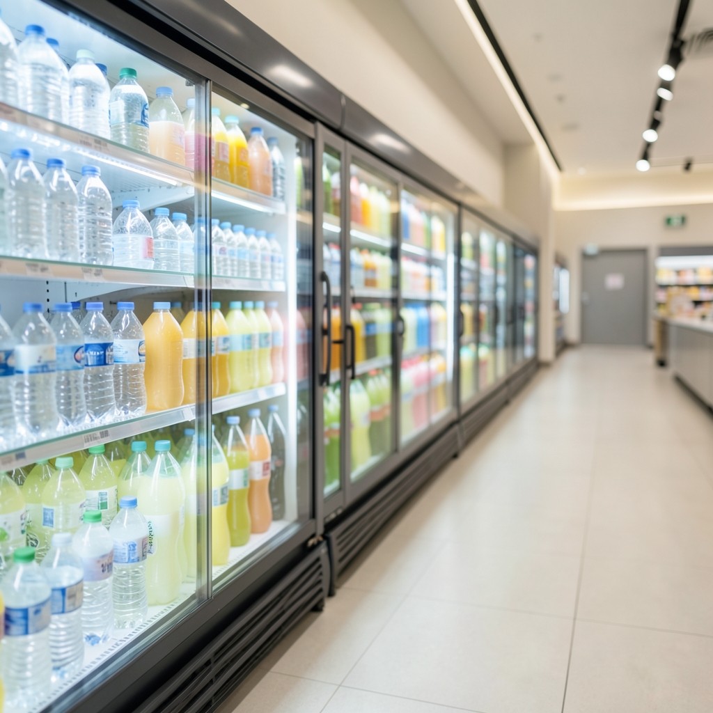 Chilled packaged beverages arranged on a supermarket shelf in soft daylight