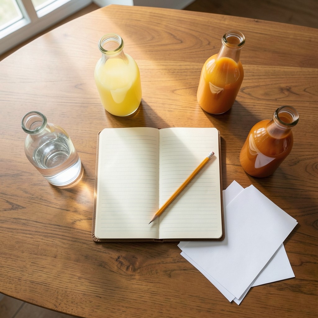 Notebook and beverage samples on a wooden desk during report preparation